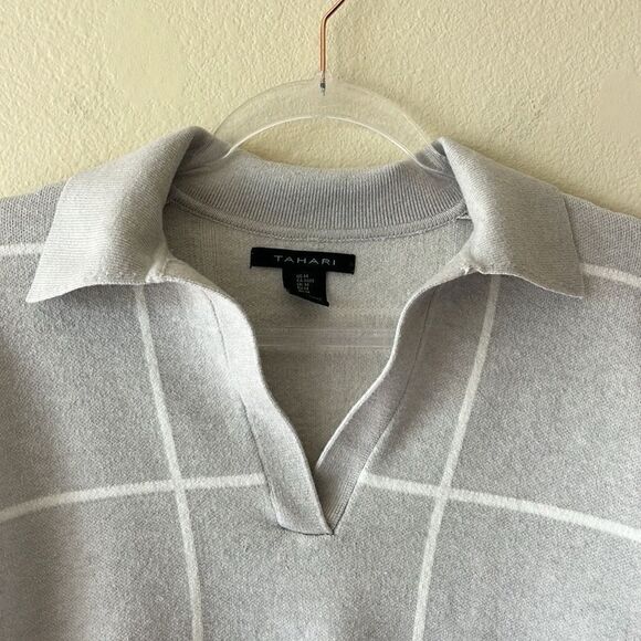 TAHARI Windowpane Gray Collared V Neck Sweater with White Grid Pattern - Picture 2 of 9